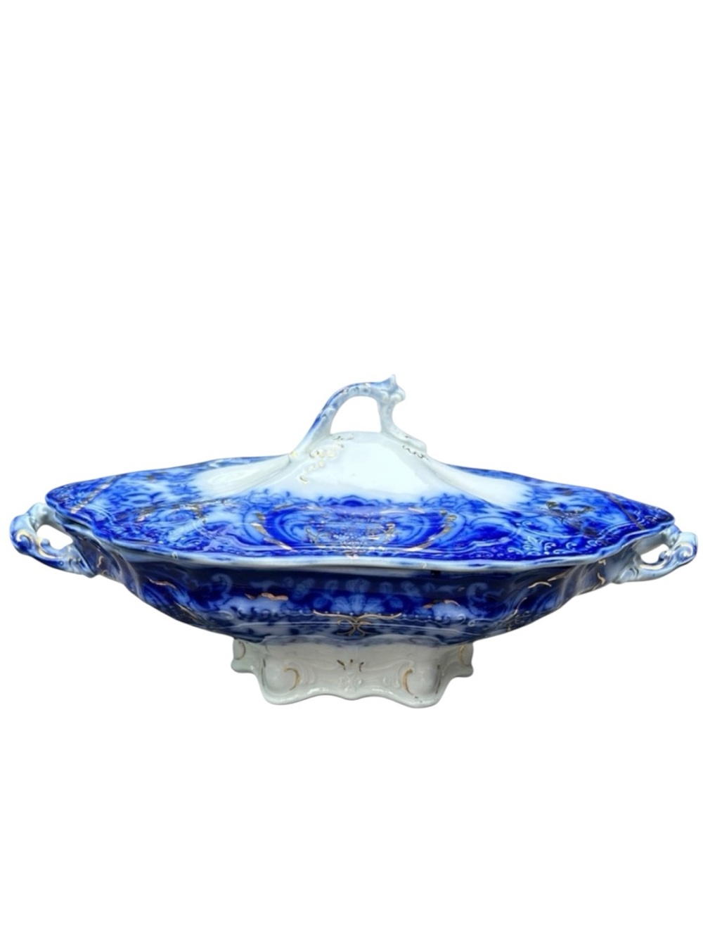RARE Wood & Sons Antique Flow Blue "Lakewood" Footed Covered Dish 1891-1907